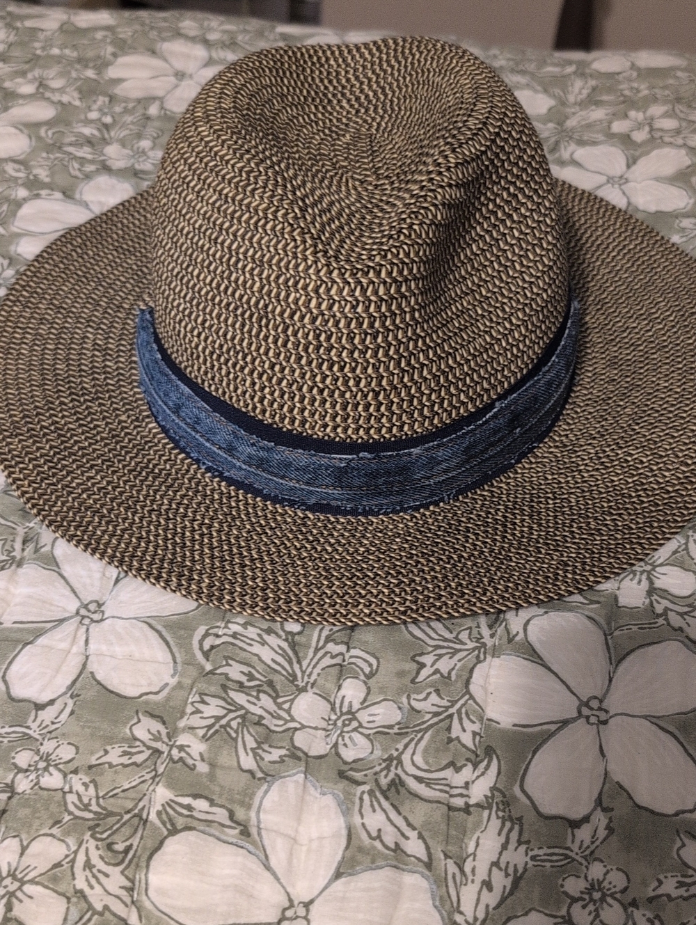 Canadian Hat Woven Paper Sun Hat with Blue Denim Ribbon